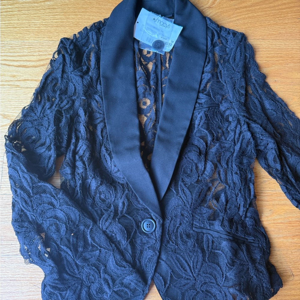 INC International Concepts Black Lace Blazer with Satin Shawl Collar